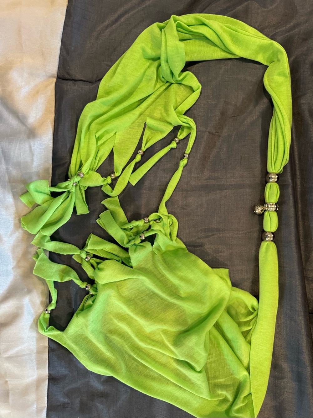 Casual scarf-necklace with silver accents in Bright Lime Green